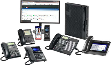 Image of a desktop computer, wi-fi router, smartphone and five landline phones